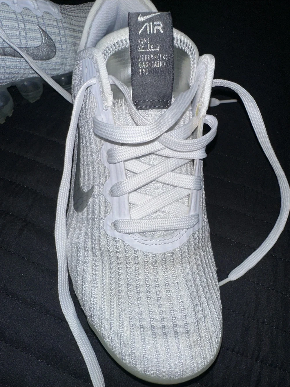 Nike White and Light Gray VaporMax Flyknit Running Shoes